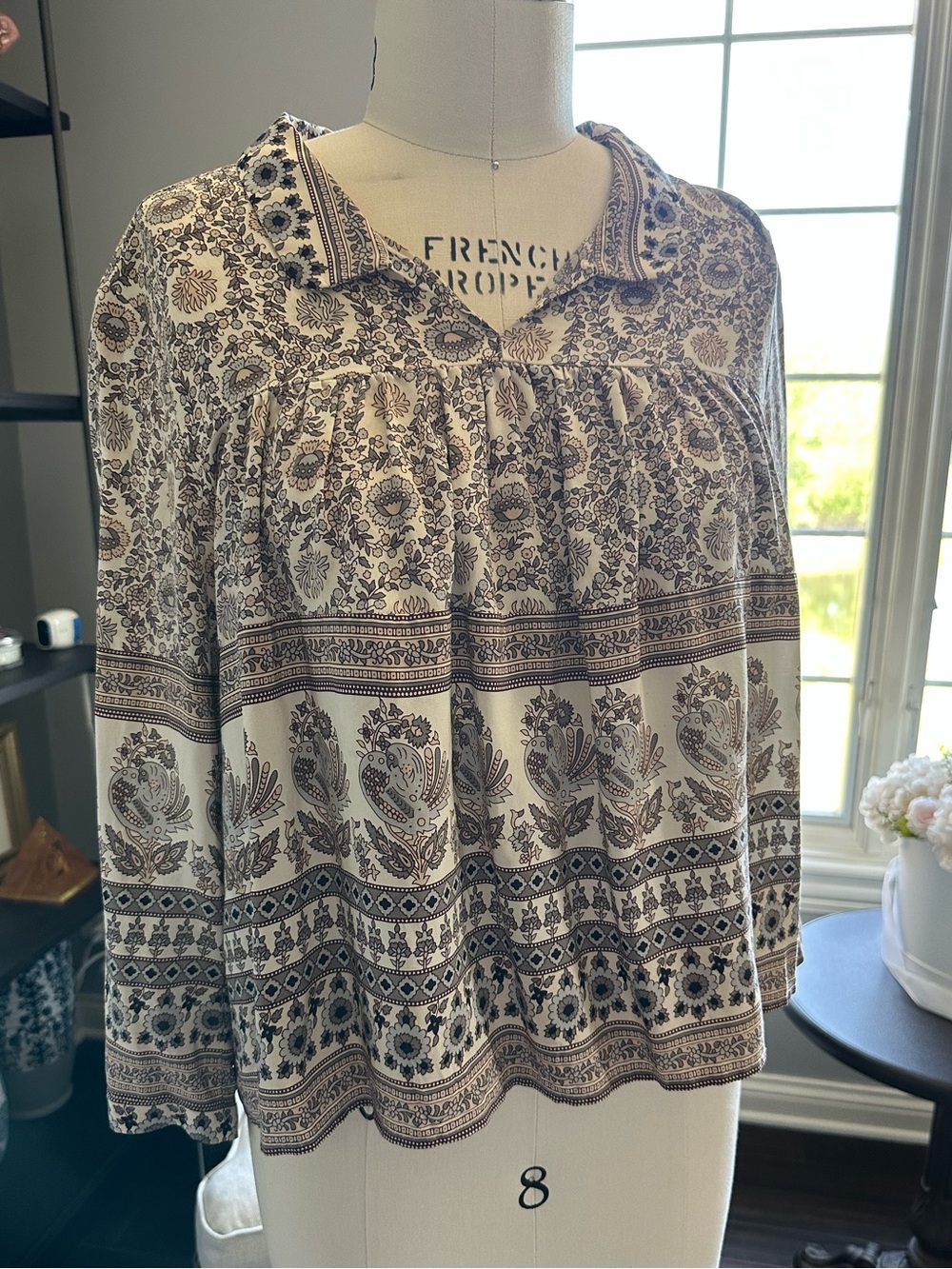Sea New York Bohemian Paisley Printed Long-Sleeve Women's Top - Cream/Brown